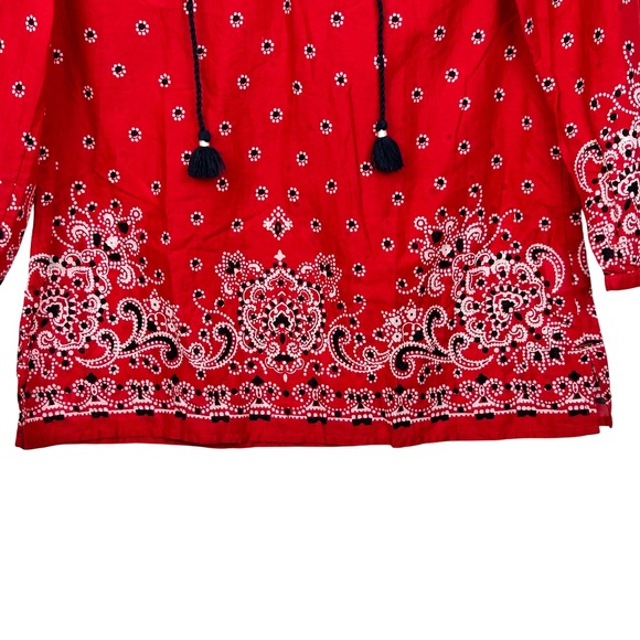 Talbots Top Womens Small Petite Red Bandana Print Tassel Neck 3/4 Sleeve Blouse - Picture 4 of 10